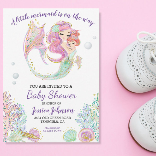 Little Mermaid Watercolor Baby Shower Invitation