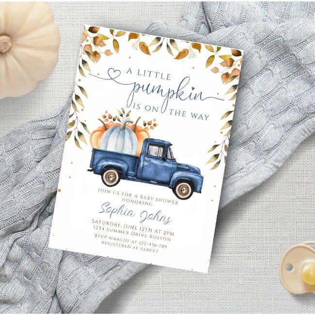 Little Pumpkin Blue Truck Fall Boy Baby Shower Invitation