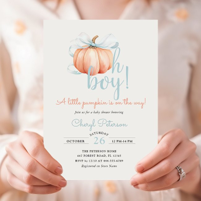 Little Pumpkin On The Way Blue Bow Boy Baby Shower Invitation