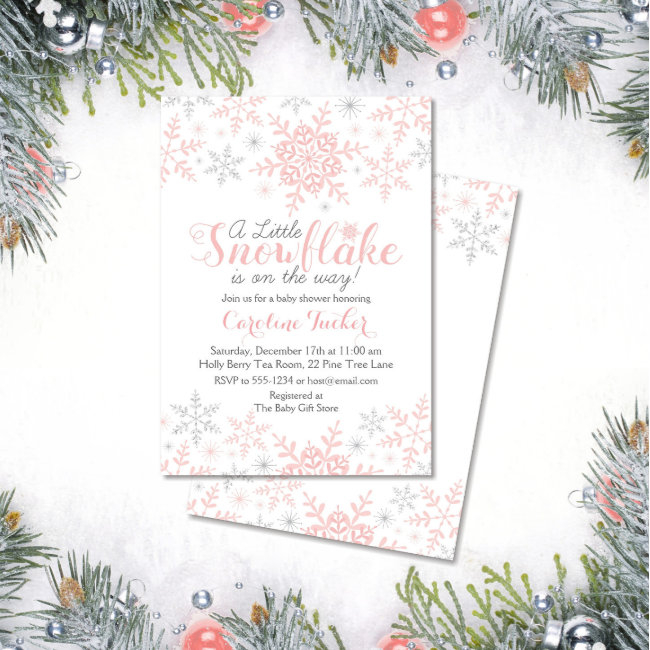 Little Snowflake Baby Shower Invite In Pink Silver