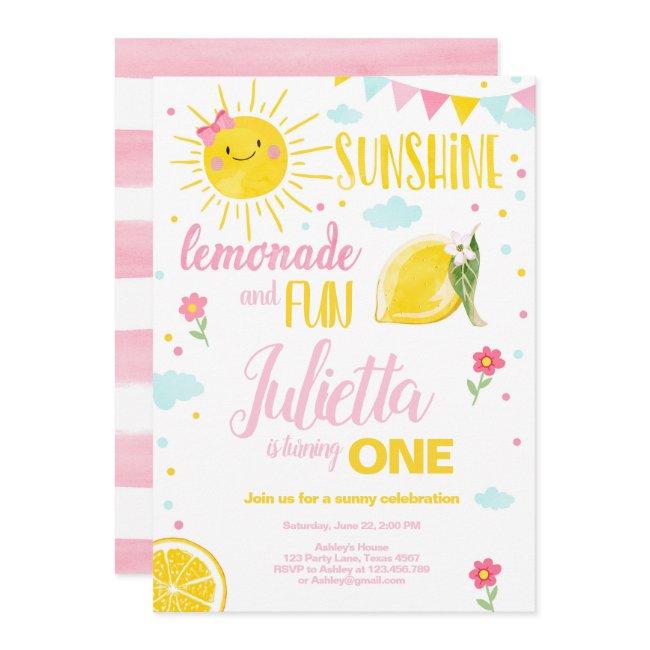 Little Sunshine Lemonade Pink Girl Lemon Birthday Invitation