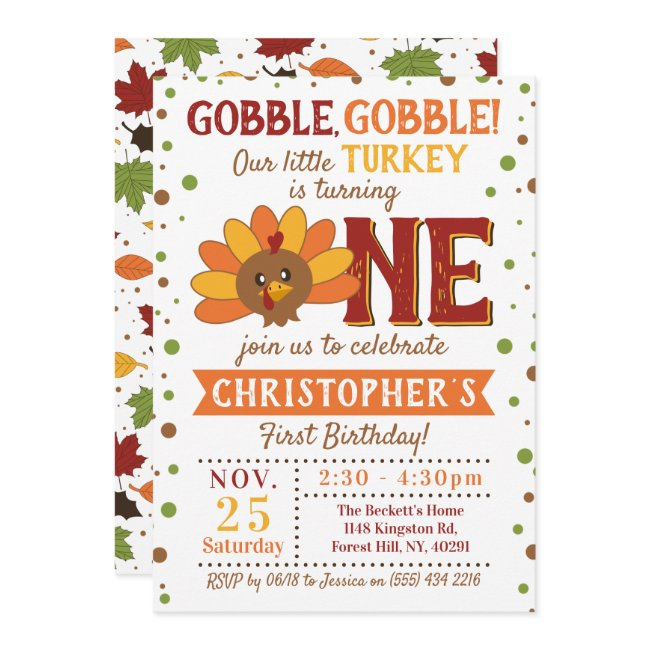 Little Turkey Fall Thanksgiving 1st Birthday Invitation