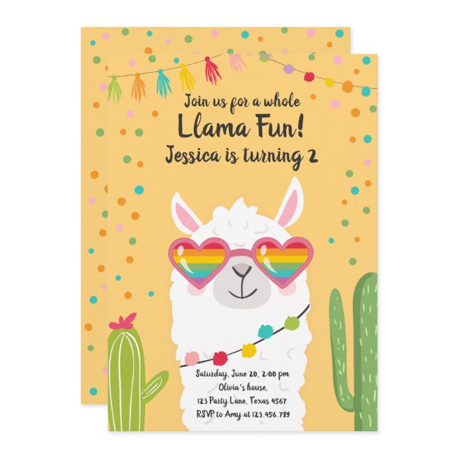 Llama Fiesta Heart Sunglasses Birthday Invitation