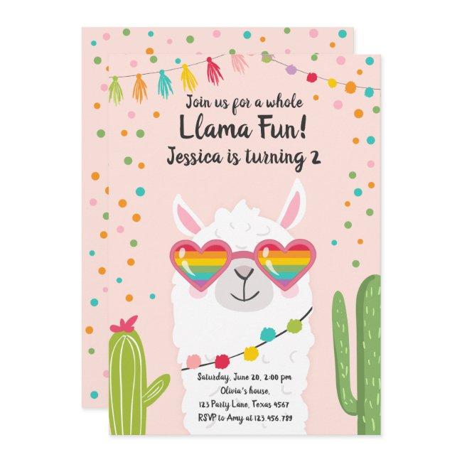 Llama Fiesta Heart Sunglasses Birthday Invitation