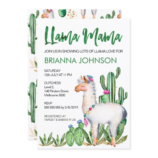 Llama Love Watercolor Baby Shower Invitation