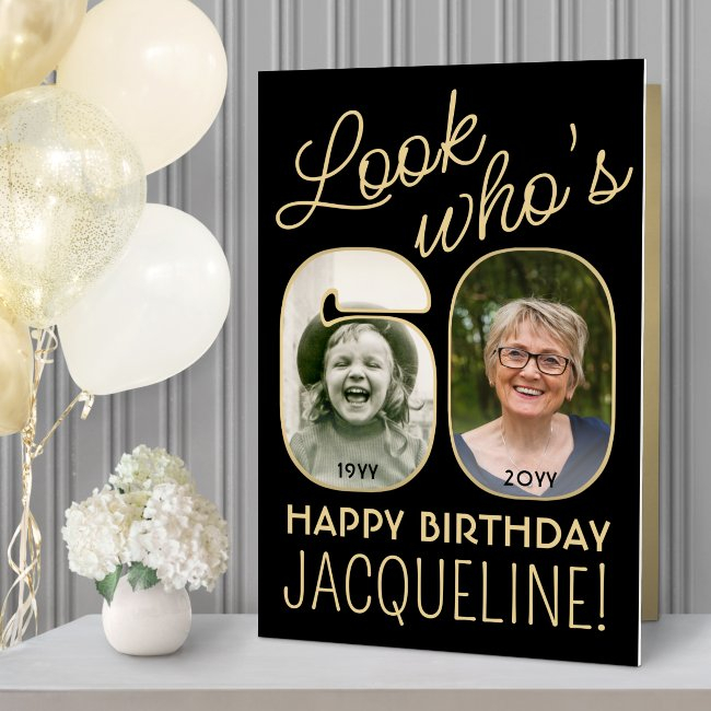 Look Who's 60 Black & Gold Giant 2 Photo Birthday Invitations