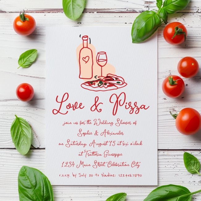 Love & Pizza Whimsical Hand Drawn Wedding Shower Invitation