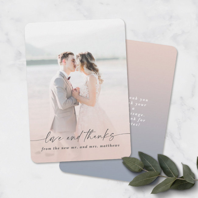 Love & Thanks Pink & Blue Wedding Photo Overlay Thank You Invitations