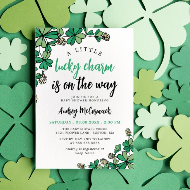 Lucky Charm On The Way Green Baby Shower Invitation