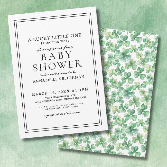 Lucky Little One Green Shamrock Clover Baby Shower Invitation
