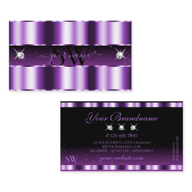 Luxurious Purple Black Sparkling Diamonds Initials Business Invitations