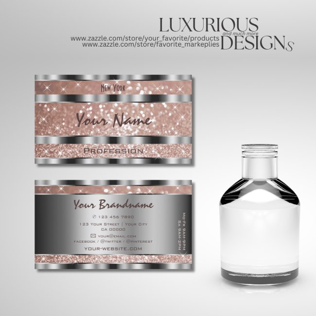 Luxurious Rose Gold Glitter Stars Silver Optics Business Invitations