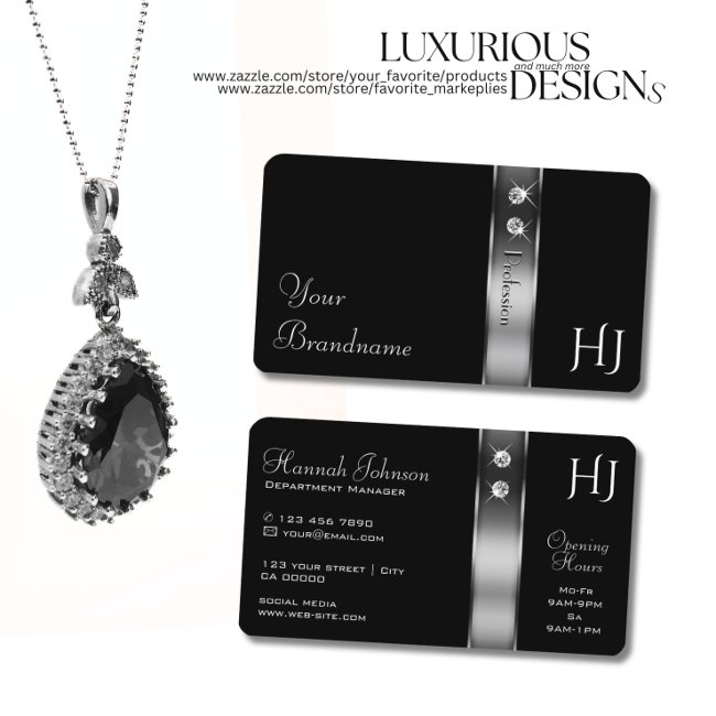 Luxury Black And Silver Decorative Jewels Initials Business Invitations