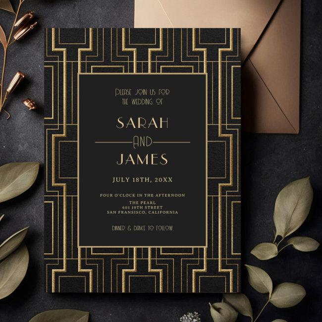 Luxury Black & Gold Art Deco Gatsby Wedding Invitation
