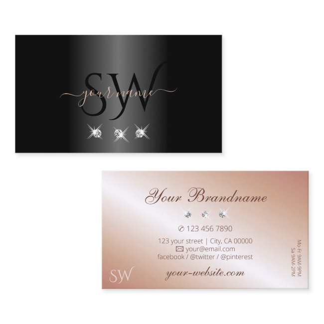 Luxury Black Rose Gold Sparkling Diamonds Initials Business Invitations