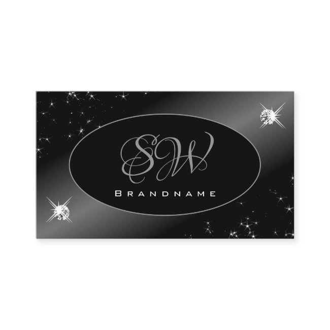 Luxury Black Silver Glitter Stars Jewels Monogram Business Invitations