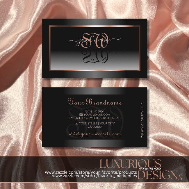 Luxury Black White Ombre Rose Gold Frame Initials Business Invitations