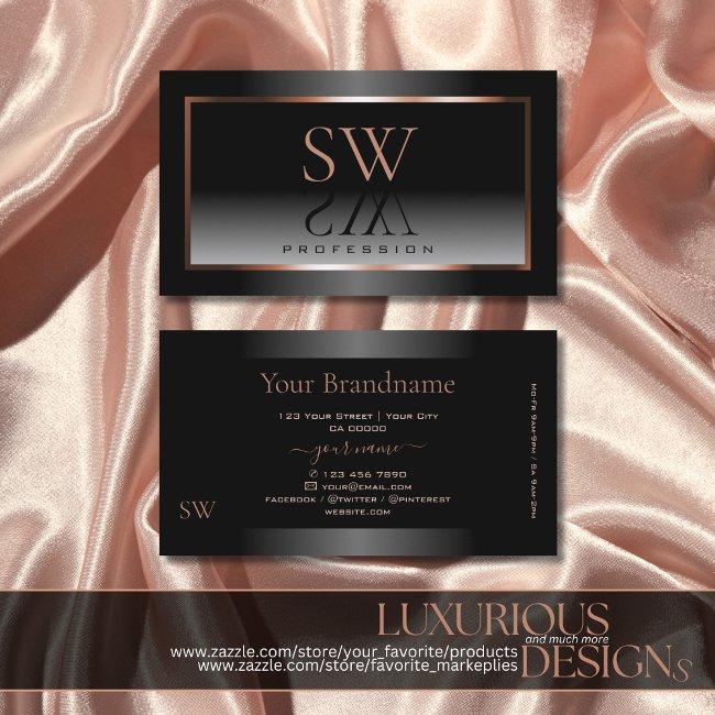 Luxury Black White Ombre Rose Gold Frame Monogram Business Invitations