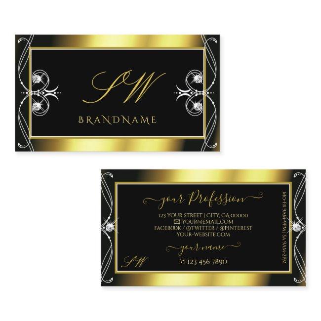 Luxury Ornate Black Gold Sparkle Jewels Initials Business Invitations