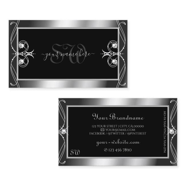 Luxury Ornate Black Silver Sparkle Jewels Initials Business Invitations