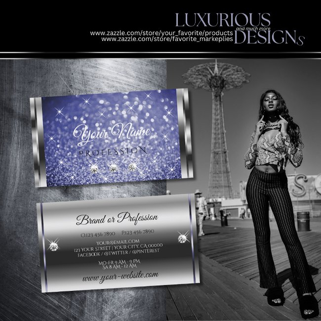 Luxury Royal Blue Sparkle Glitter Diamonds Silver Business Invitations