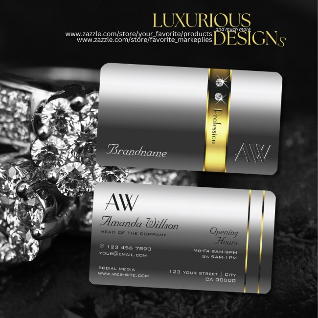Luxury Silver Gold Decor Glamour Jewels Initials Business Invitations