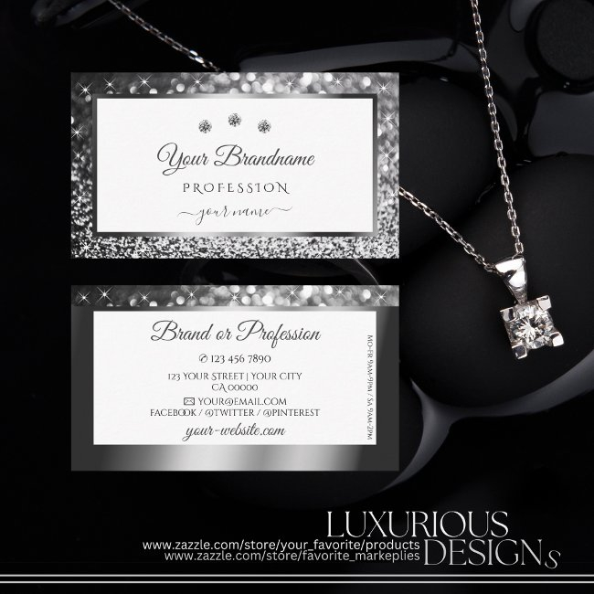 Luxury Silver Sparkling Glitter Diamonds On White Business Invitations