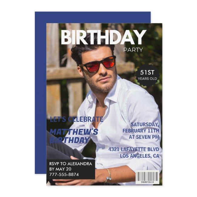 Magazine Navy Blue Photo Funny 51st Birthday Invitation