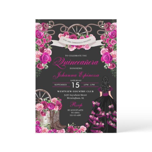 Magenta And Black Cowgirl Western Quinceanera Invitation