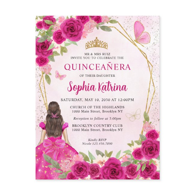 Magenta Pink Glam Gold Floral Princess Quinceañera Invitation Postinvitations