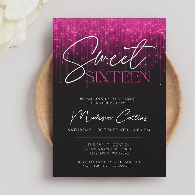 Magenta Pink Lights Black Sweet 16 Invitation