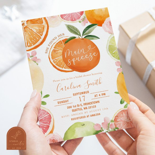 Main Squeeze Orange Citrus Bridal Shower Invitation