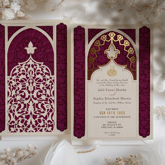 Majestic Maroon And Gold Foil Islamic Wedding Foil Invitation