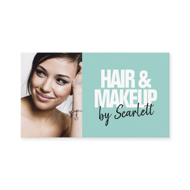 Makeup Artist Hair Photo Bold Script Mint Blue Business Invitations