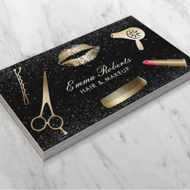 Makeup Artist Hair Salon Modern Black Glitter Business Invitations