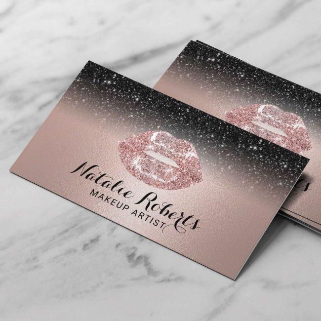 Makeup Artist Rose Gold Lips Black Glitter Salon Business Invitations