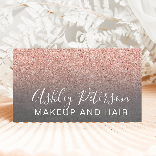 Makeup Elegant Typography Grey Rose Gold Glitter Business Invitations
