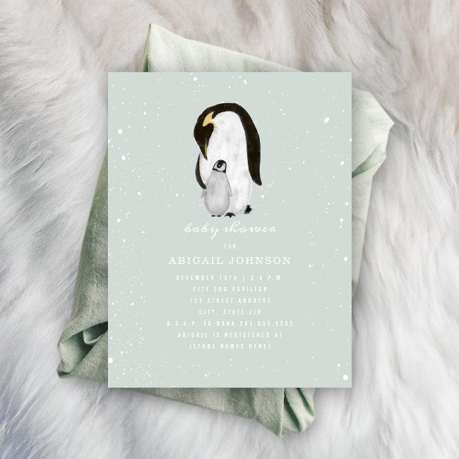 Mama And Baby Penguin Blue Boy Baby Shower Invitation