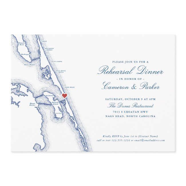 Manteo Nags Head Map Navy Blue Rehearsal Dinner Invitation