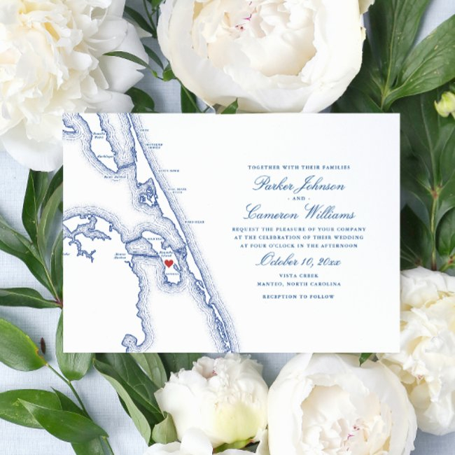 Manteo Nc Obx Map Elegant Navy Wedding Invitation