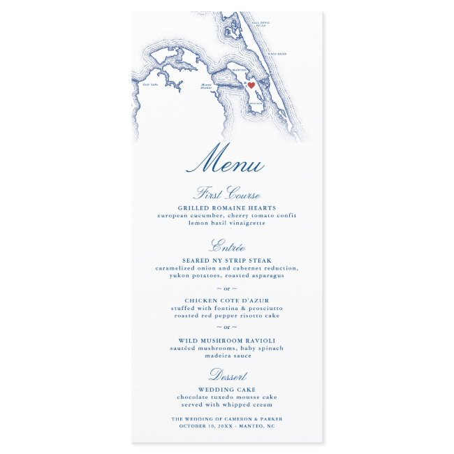Manteo Roanoke Nc Map Elegant Navy Blue Wedding Menu