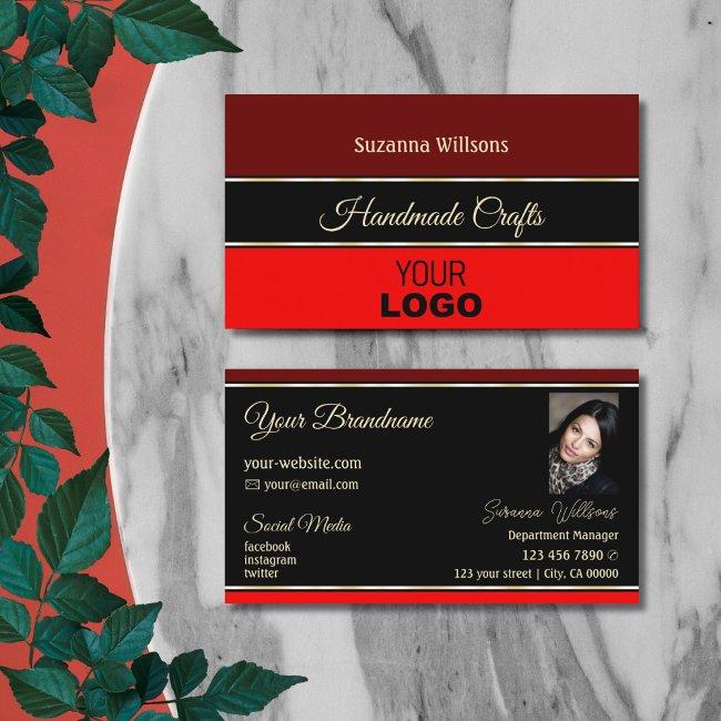 Maroon Red Borders On Black With Logo And Photo Business Invitations