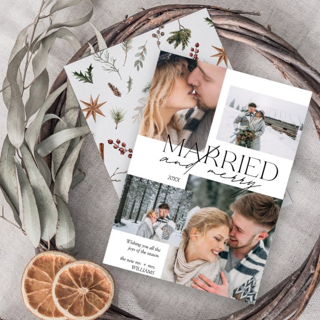 Married And Merry Modern 4 Photo Newlywed Holiday Invitations