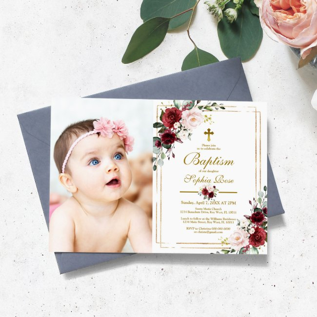 Marsala Rose & Gold Frame Photo Girl Baptism Invitation