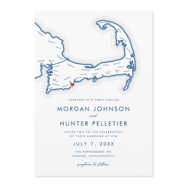 Mashpee Cape Cod Navy Blue Minimalist Wedding Invitation