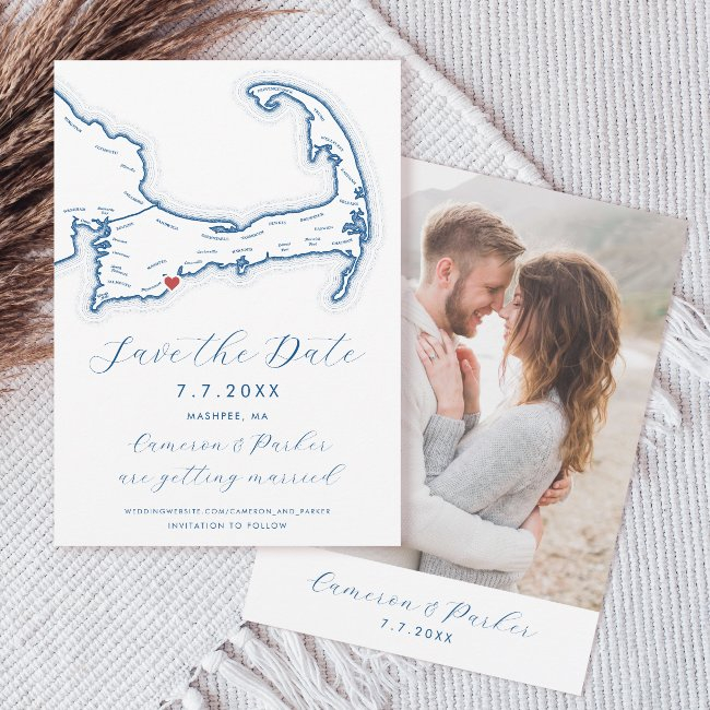 Mashpee Ma Cape Cod Map Navy Blue Wedding Save The Date