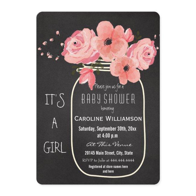 Mason Jar Flowers Chalkboard Baby Shower Invitation
