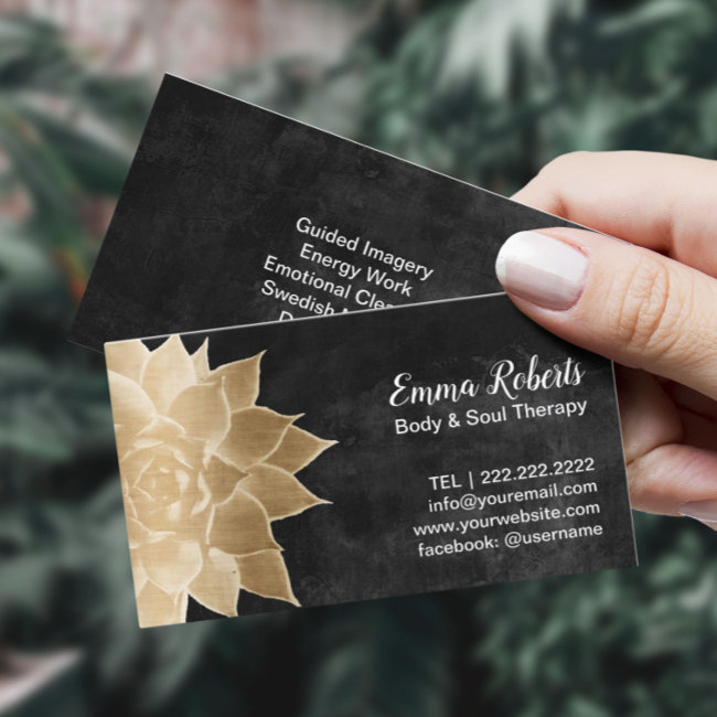 Massage Therapy Spa Gold Floral Rustic Chalkboard Business Invitations
