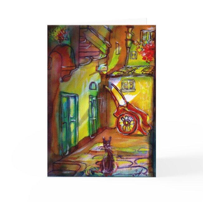 Medieval Alley By Night In Florence With Black Cat Holiday Invitations