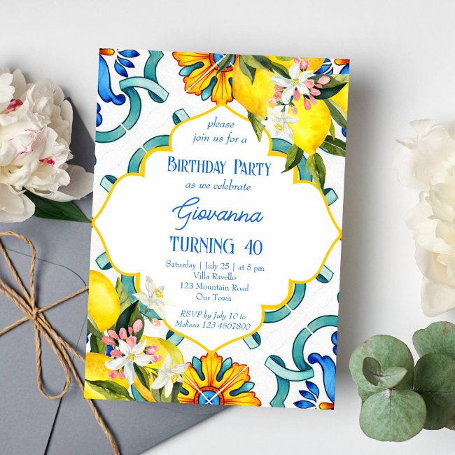 Mediterranean Majolica Tiles Lemons Birthday Party Invitation